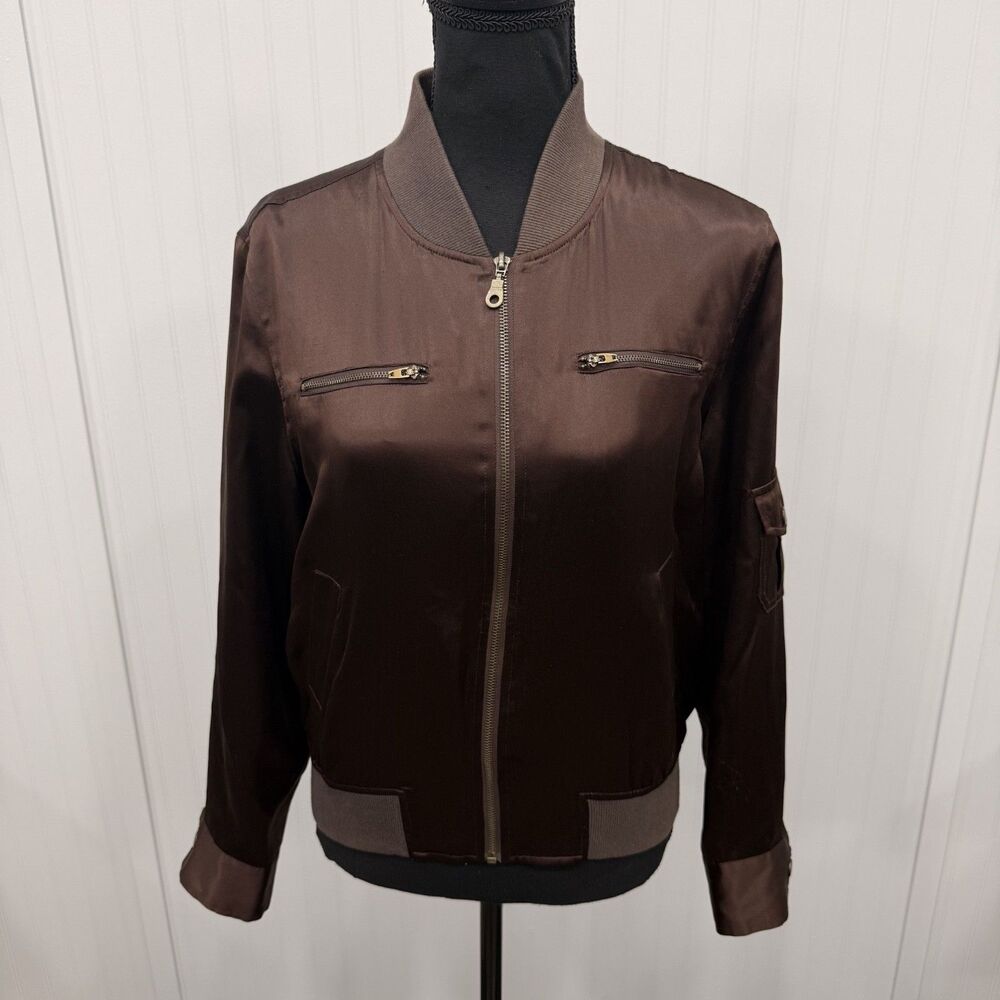 Alexandra Bartlett Women's Brown 100% Silk Full Zip Lightweight Bomber Jacket - Picture 1 of 6